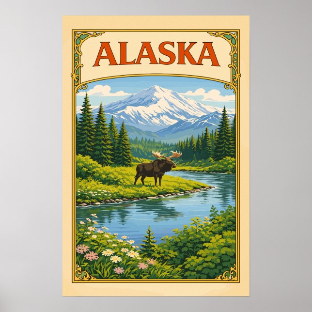 Alaska Vintage Elch Waldland Poster (Vorne)