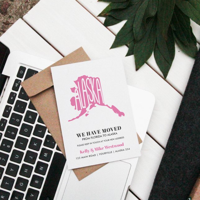 ALASKA We've moved New address New Home  Postkarte (MOVING ANNOUNCEMENTE IN PINK AND STYLISH PALETTE WITH ALASKA STATE)