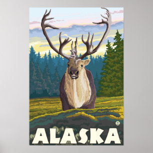 AlaskaCaribou in der wilden Vintagen Reise Poster