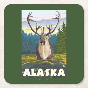 AlaskaCaribou in der wilden Vintagen Reise Rechteckiger Pappuntersetzer