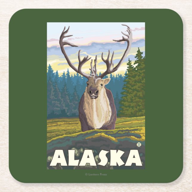 AlaskaCaribou in der wilden Vintagen Reise Rechteckiger Pappuntersetzer (Vorderseite)