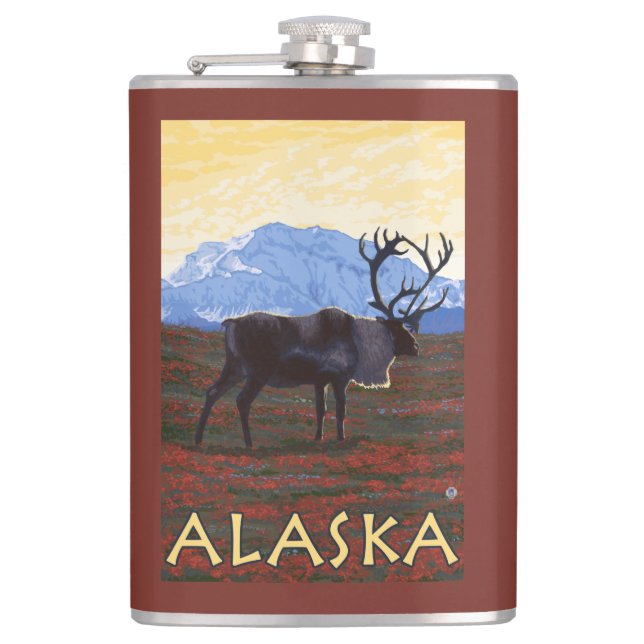 AlaskaCaribou Vintages Reise-Plakat Flachmann (Vorderseite)