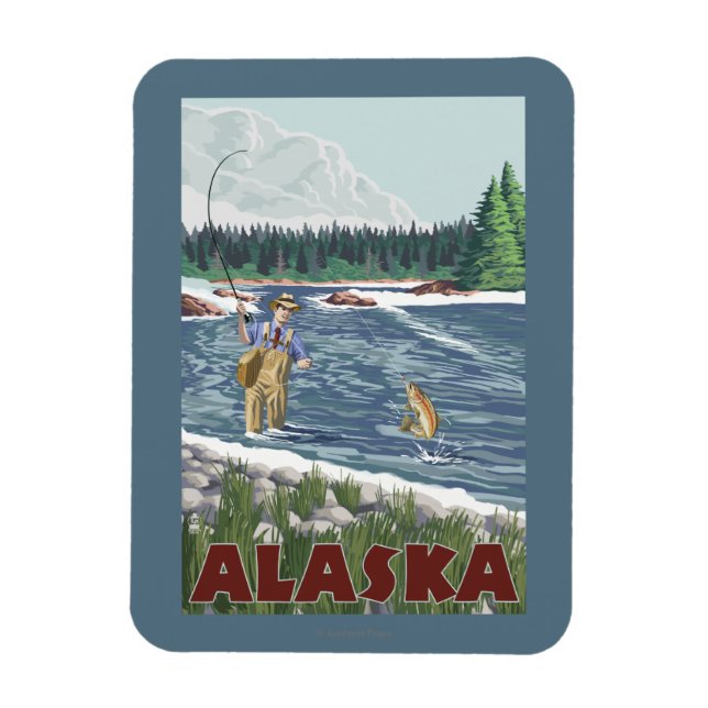 AlaskaFly Fisherman Vintage Travel Poster Magnet (Vertikal)