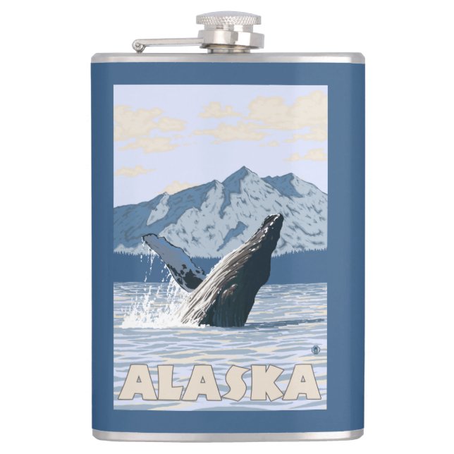 AlaskaHumpback Wal-Vintages Reise-Plakat Flachmann (Vorderseite)