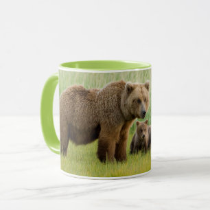 Alaskan Brown Bear mit Cubs auf einer Wiese Tasse