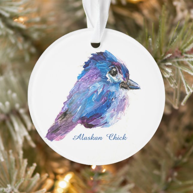 Alaskan Chick acrylic ornament w/QR_no Holid (Baum)