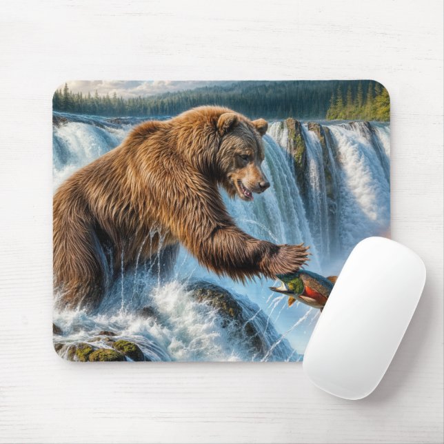 Alaskan Grizzly Bear Fishing Mousepad (Mit Mouse)