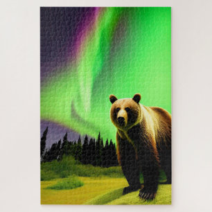 Alaskan Grizzly Bear und Green Aurora Borealis Puzzle