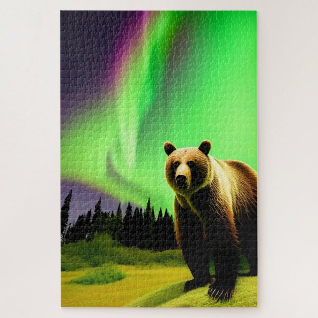 Alaskan Grizzly Bear und Green Aurora Borealis Puzzle (Vertikal)