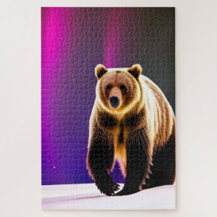 Alaskan Grizzly Bear und Pink Aurora Borealis Puzzle