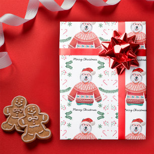 Alaskan-Hund trägt festlichen Weihnachtspullover Geschenkpapier