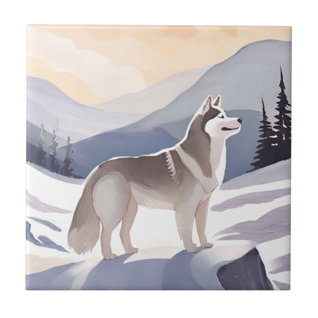 Alaskan Husky | Dog Mountain Aquarell Fliese (Vorderseite)