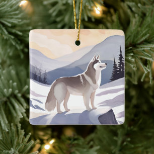 Alaskan Husky   Dog Mountain Aquarell Keramikornament