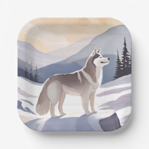 Alaskan Husky Dog Mountain Aquarell Pappteller