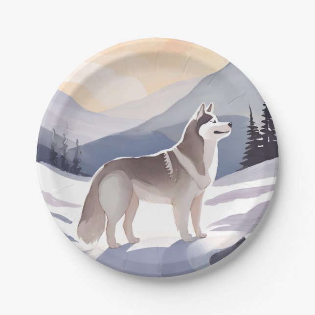 Alaskan Husky | Dog Mountain Aquarell Pappteller (Vorderseite)