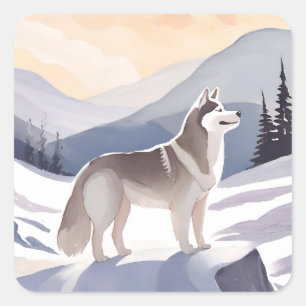 Alaskan Husky Dog Mountain Aquarell Quadratischer Aufkleber