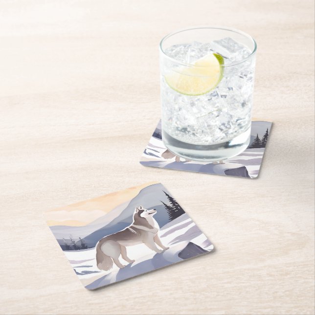 Alaskan Husky | Dog Mountain Aquarell Rechteckiger Pappuntersetzer (Vor Ort)