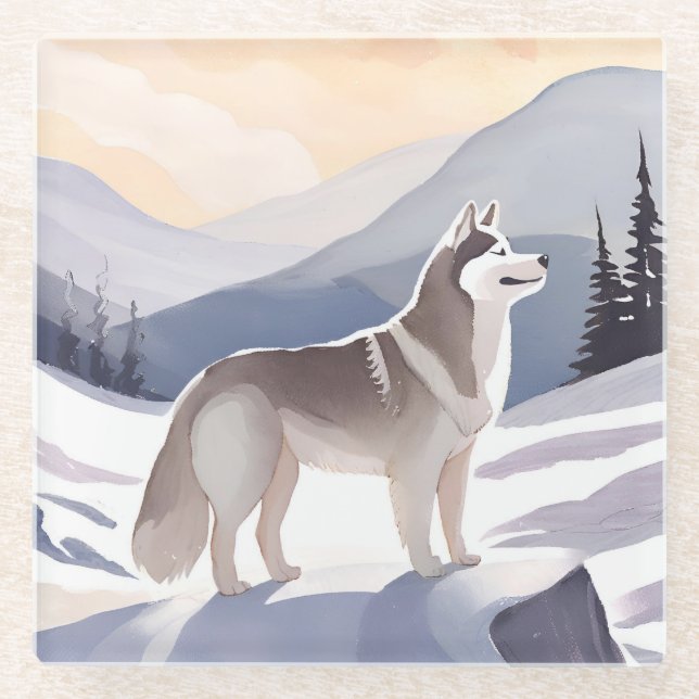 Alaskan Husky | Dog Mountain Watercolor Glasuntersetzer (Vorderseite)
