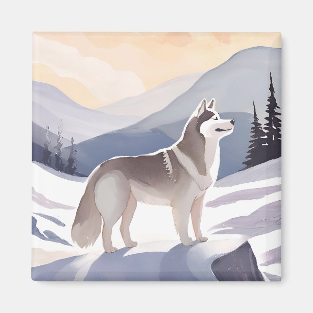 Alaskan Husky | Dog Mountain Watercolor Magnet (Vorne)