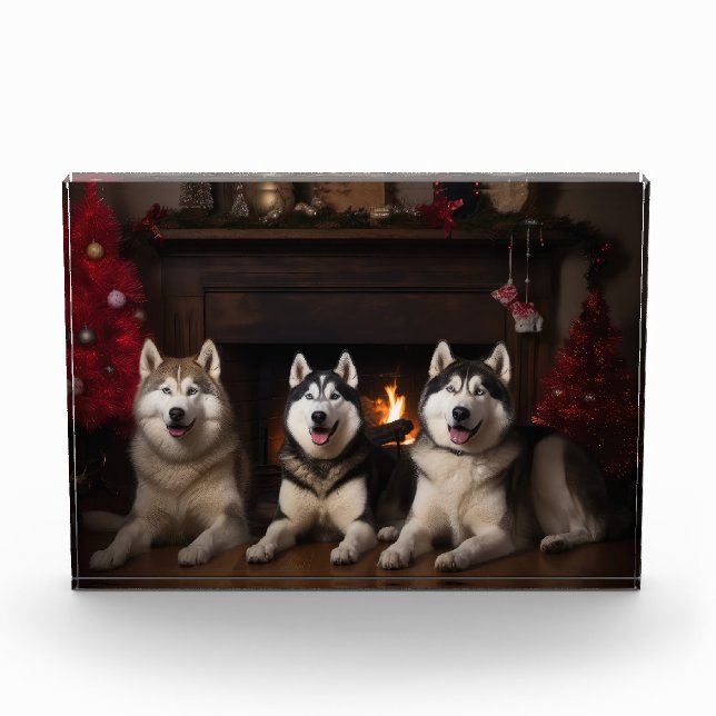 Alaskan Malamute am Feuerplatz Weihnachten Fotoblock (Vorderseite)