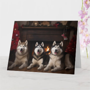 Alaskan Malamute am Feuerplatz Weihnachten Karte