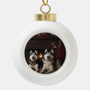 Alaskan Malamute am Feuerplatz Weihnachten Keramik Kugel-Ornament