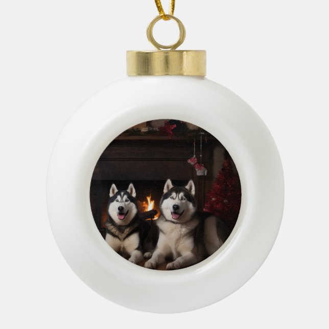Alaskan Malamute am Feuerplatz Weihnachten Keramik Kugel-Ornament (Vorderseite)