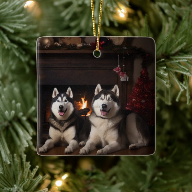 Alaskan Malamute am Feuerplatz Weihnachten Keramikornament (Baum)