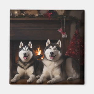 Alaskan Malamute am Feuerplatz Weihnachten Magnet