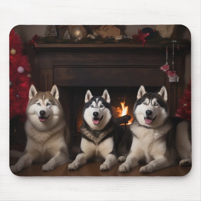 Alaskan Malamute am Feuerplatz Weihnachten Mousepad (Vorne)