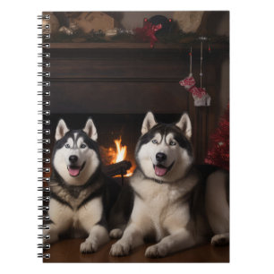 Alaskan Malamute am Feuerplatz Weihnachten Notizblock