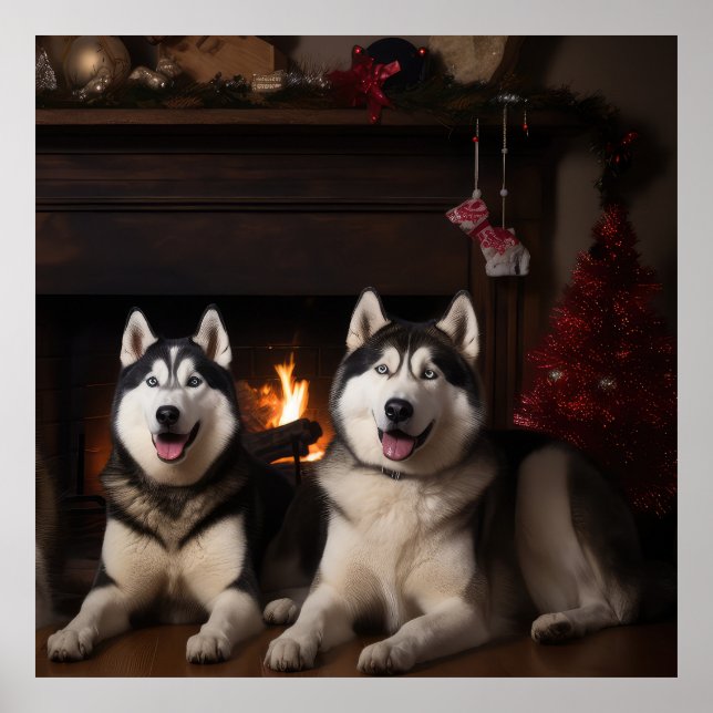 Alaskan Malamute am Feuerplatz Weihnachten Poster (Vorne)