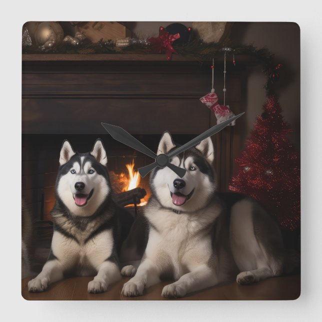 Alaskan Malamute am Feuerplatz Weihnachten Quadratische Wanduhr (Vorderseite)
