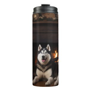 Alaskan Malamute am Feuerplatz Weihnachten Thermosbecher