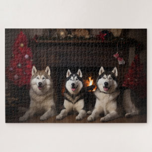 Alaskan Malamute am Kamin Weihnachten Puzzle