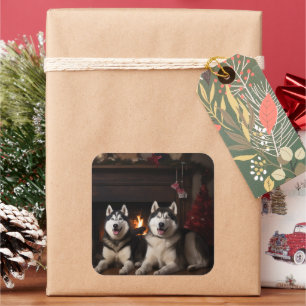 Alaskan Malamute am Kamin Weihnachten Quadratischer Aufkleber