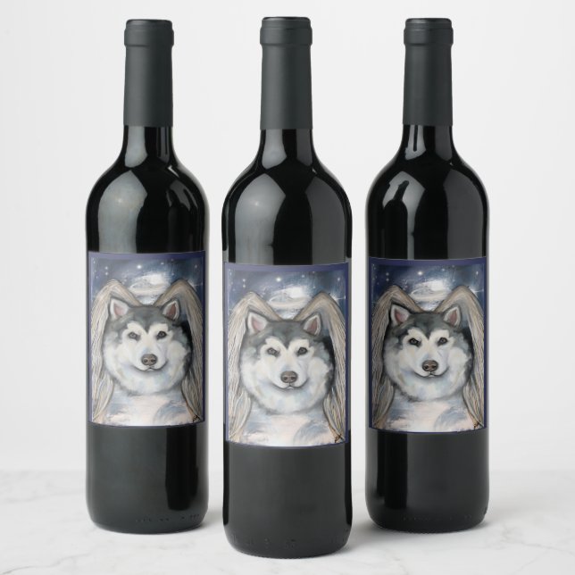 Alaskan Malamute Angel Weinetikett (Flaschen)