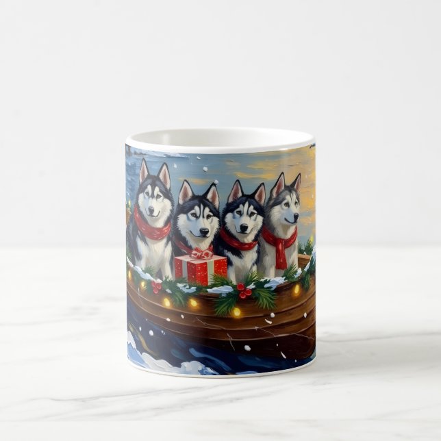 Alaskan Malamute Christmas Boat Holiday Kaffeetasse (Mittel)
