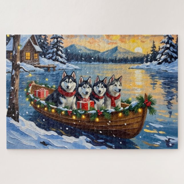 Alaskan Malamute Christmas Boat Holiday Puzzle (Horizontal)