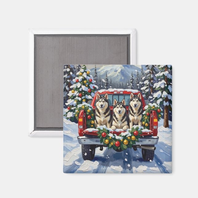 Alaskan Malamute Christmas Red Truck Holiday Magnet (Vorderseite/Rückseite)