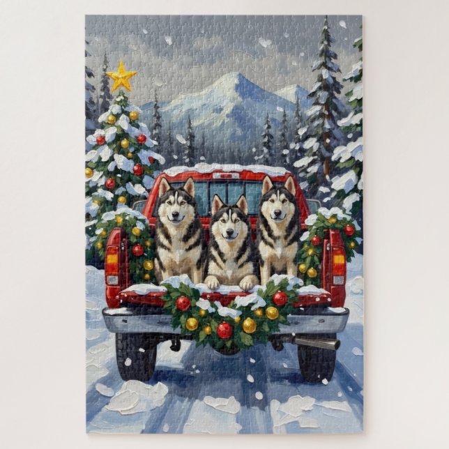 Alaskan Malamute Christmas Red Truck Holiday Puzzle (Vertikal)