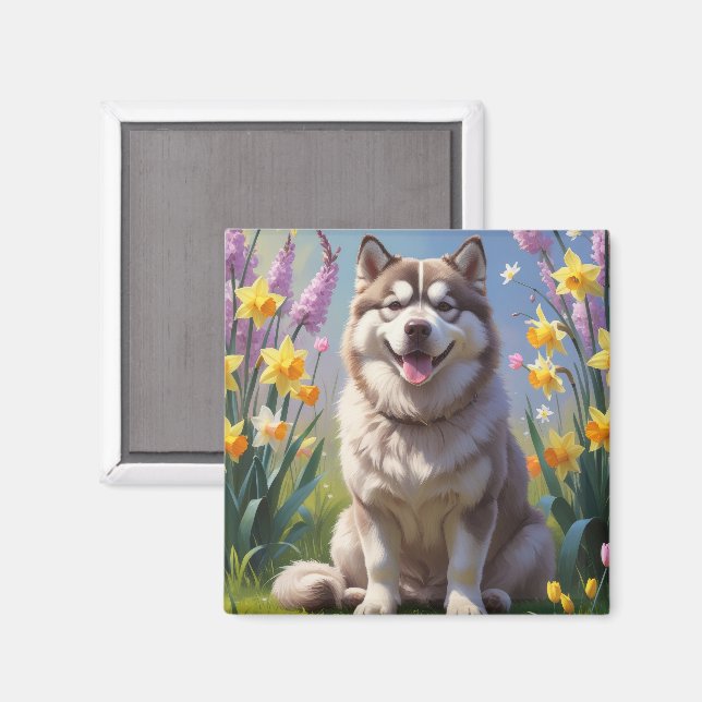 Alaskan Malamute Dog Frühlingsblumen Malerei Magnet (Vorderseite/Rückseite)
