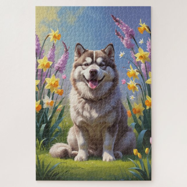 Alaskan Malamute Dog Frühlingsblumen Malerei Puzzle (Vertikal)
