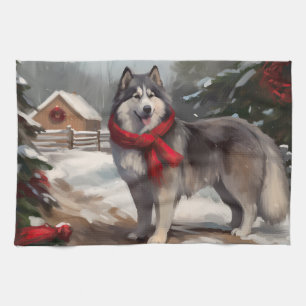 Alaskan Malamute Dog im Schnee Weihnachten Geschirrtuch