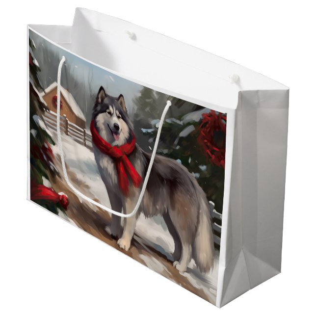 Alaskan Malamute Dog im Schnee Weihnachten Große Geschenktüte (Vorderseite Schrägansicht)