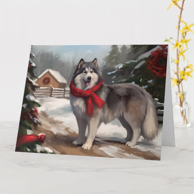 Alaskan Malamute Dog im Schnee Weihnachten Karte (Gelbe Blume)