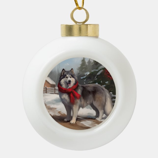 Alaskan Malamute Dog im Schnee Weihnachten Keramik Kugel-Ornament (Vorderseite)