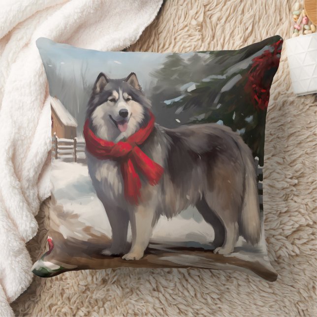 Alaskan Malamute Dog im Schnee Weihnachten Kissen (Decke)