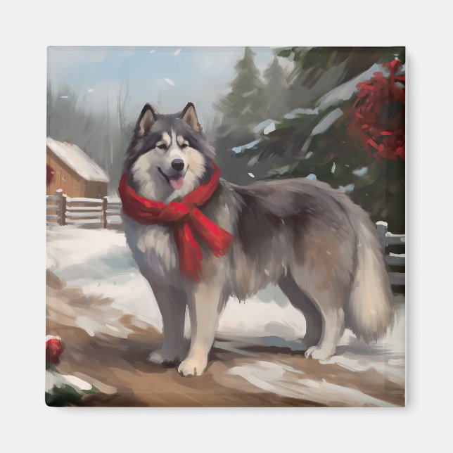 Alaskan Malamute Dog im Schnee Weihnachten Magnet (Vorne)