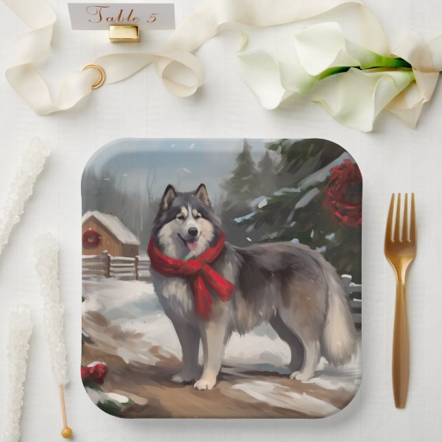Alaskan Malamute Dog im Schnee Weihnachten Pappteller (Hochzeit)